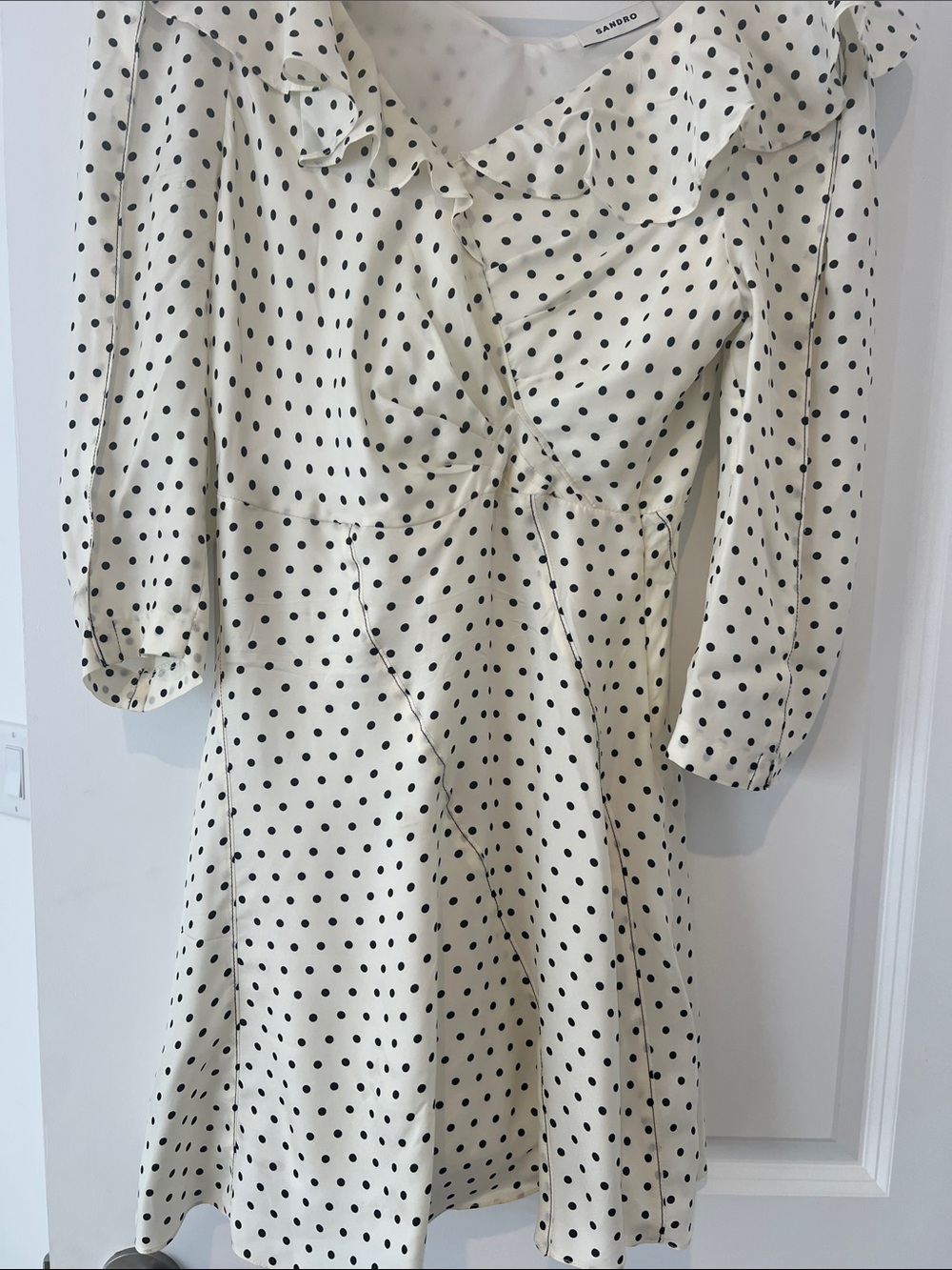 Sandro Polka Dot Ruffle Dress - Cream & Black